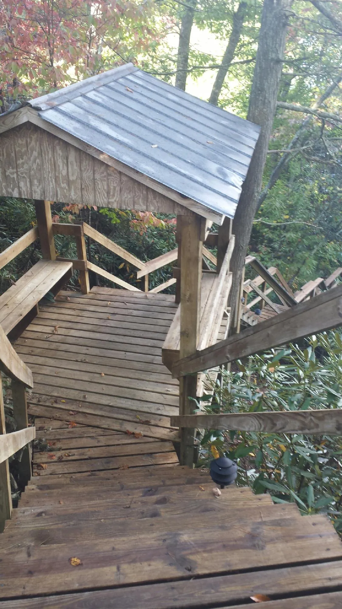 Metal roofed shelter over wooden steps on a wooded walkway — Skylight Repair & Installation work by our crew in Leesville